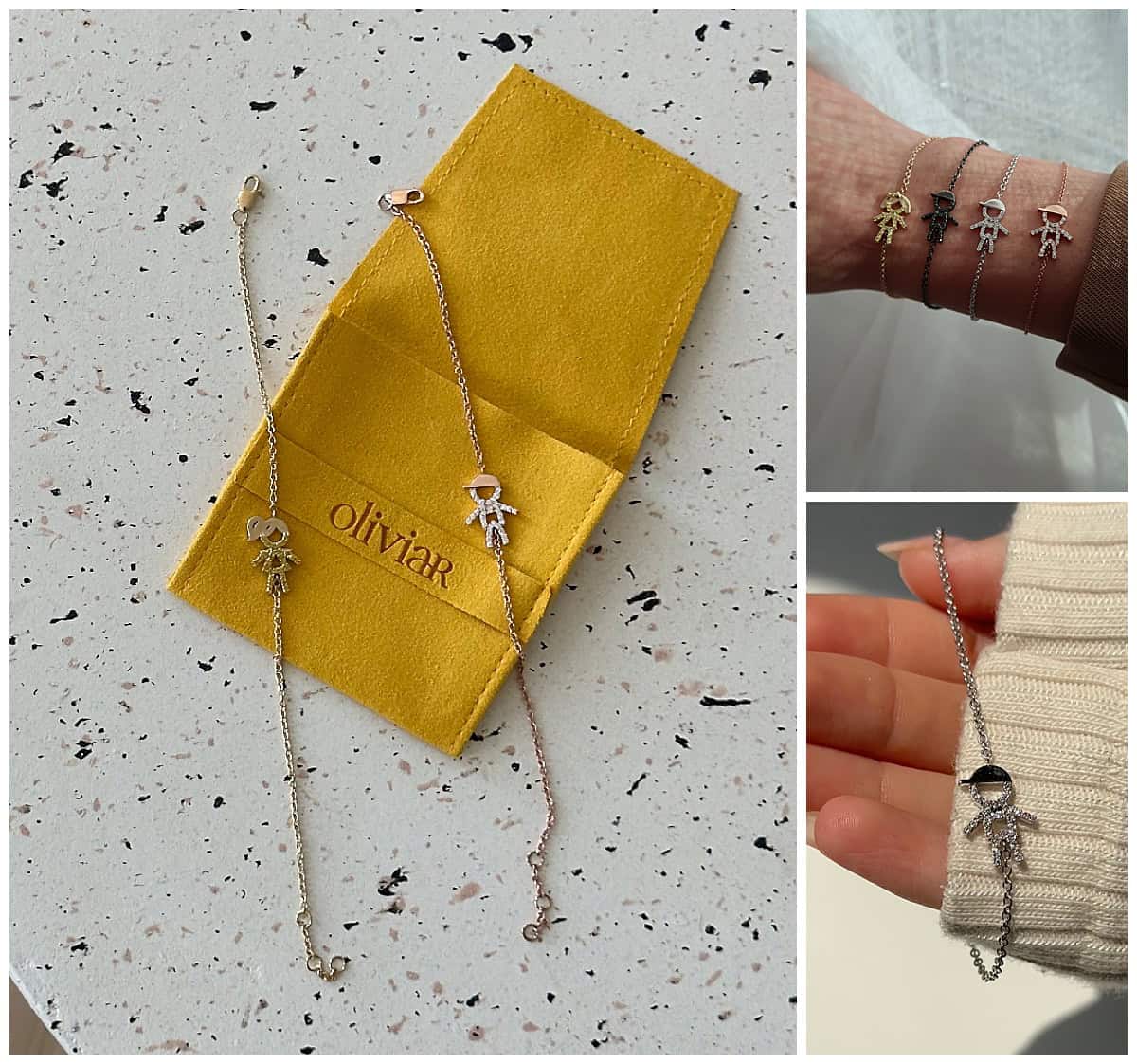 A gold chain bracelet featuring a small human figure charm is displayed in a yellow pouch labeled oliviar. Additional images show the bracelet worn on a wrist and held in a persons hand.