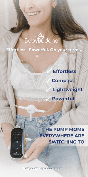 Woman using Baby Buddha breast pump, highlighting portability and ease of use.
