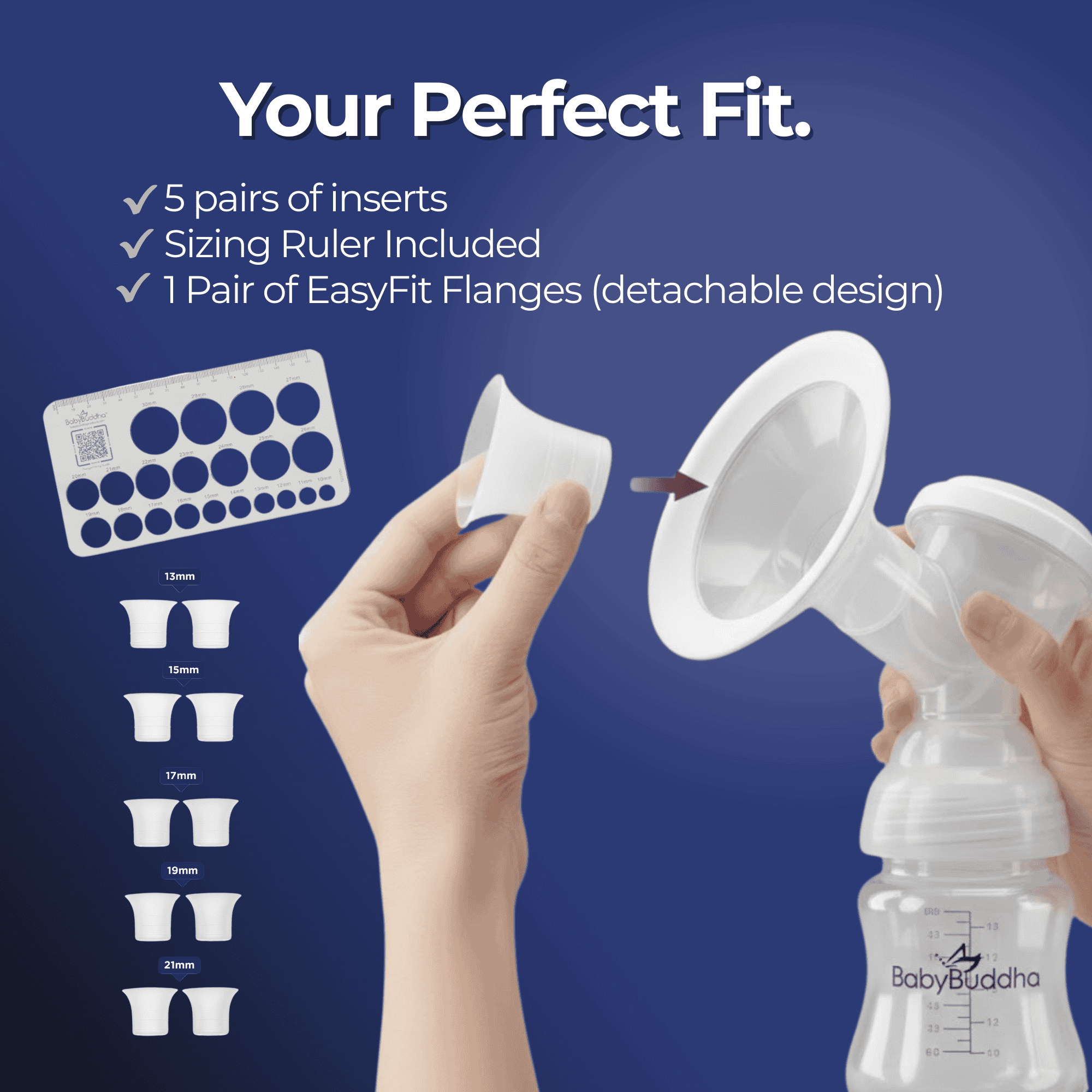 Close-up of a wearable breast pump with accessories and sizing inserts.